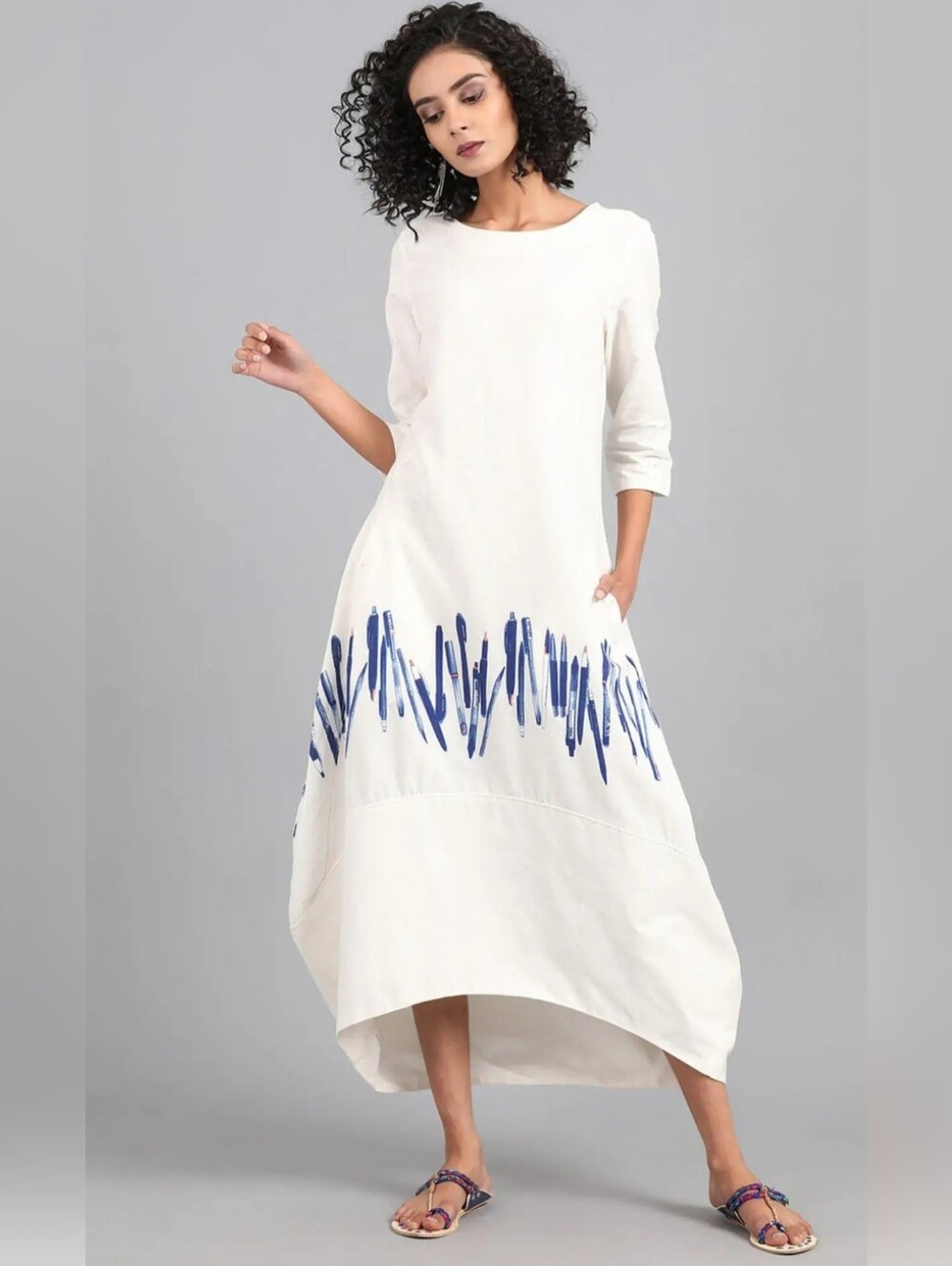 W for Woman White Blue Pen Print Cotton Flax Midi Dress Size S